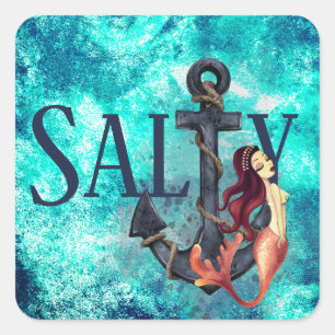 Salty - Schöne Meerjungfrau, Anchor Nautical Quadratischer Aufkleber