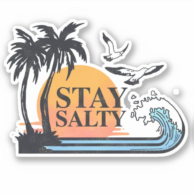 Salty Sun Summer Palm Trees Waves Seagulls bleibe Aufkleber (Vorderseite)
