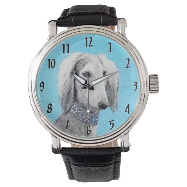 Saluki (Silber) Malerei - Niedliche Original Hunde Armbanduhr (Vorderseite)