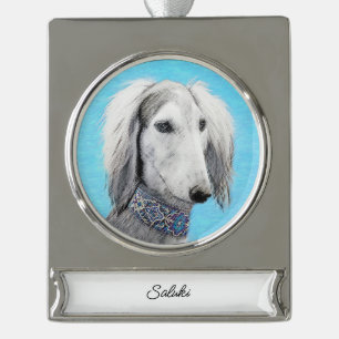 Saluki (Silber) Malerei - Niedliche Original Hunde Banner-Ornament Silber