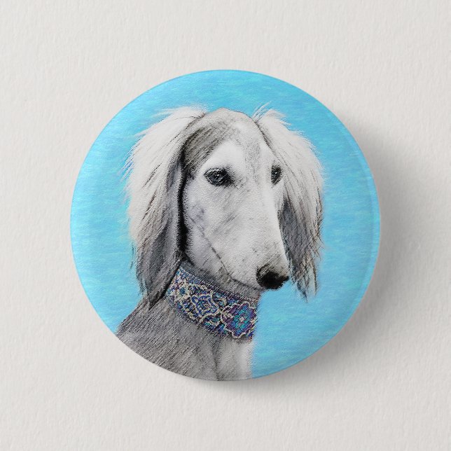 Saluki (Silber) Malerei - Niedliche Original Hunde Button (Vorderseite)