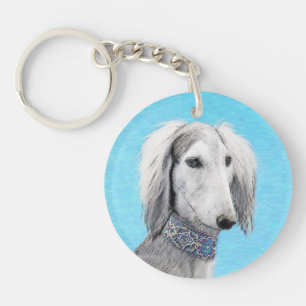 Saluki (Silber) Malerei - Niedliche Original Hunde Schlüsselanhänger