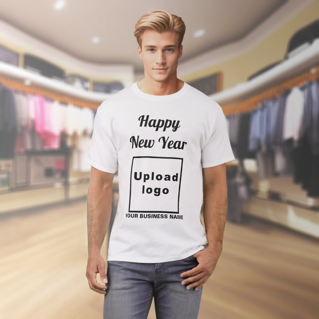 Salutation du Nouvel An sur T-shirt blanc (Business name and logo with New Year greeting on white t-shirt)