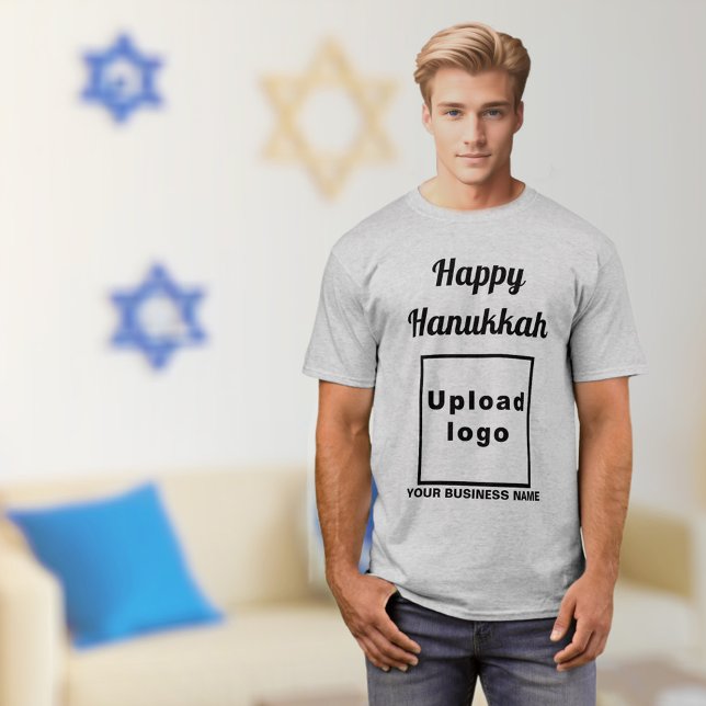 Salutation Hanoukka d'affaires sur T-shirt gris (Hanukkah greeting, business name and logo on gray t-shirt)