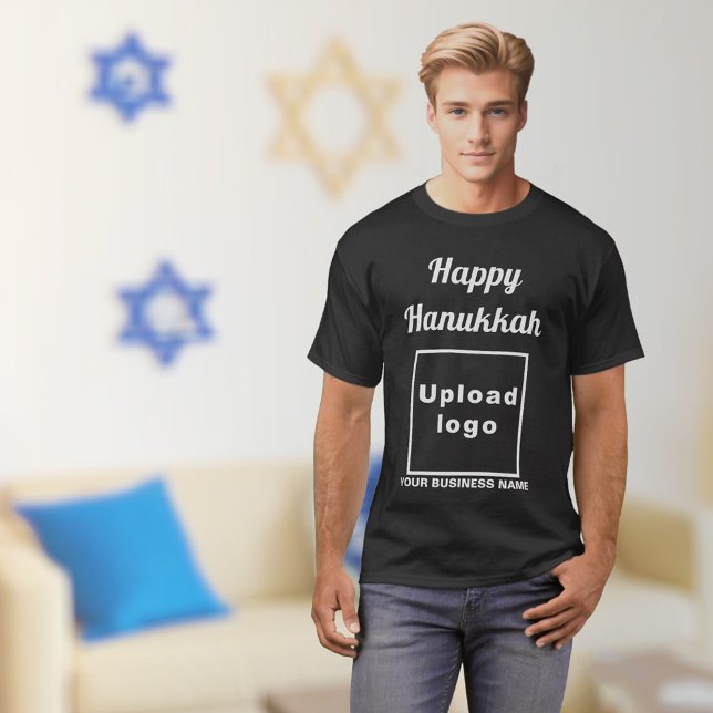Salutation Hanoukka d'affaires sur T-shirt noir (Hanukkah greeting, business name and logo on black t-shirt)