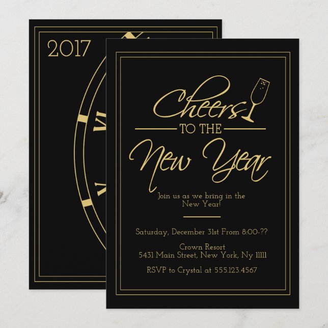 Salutations au Nouvel An, Elegant Gold Invitation (Devant / Derrière)