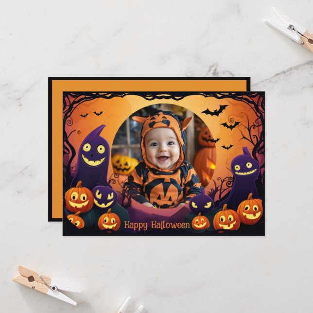 Salutations Halloween avec carte photo personnalis (Devant/Arrière en situation)