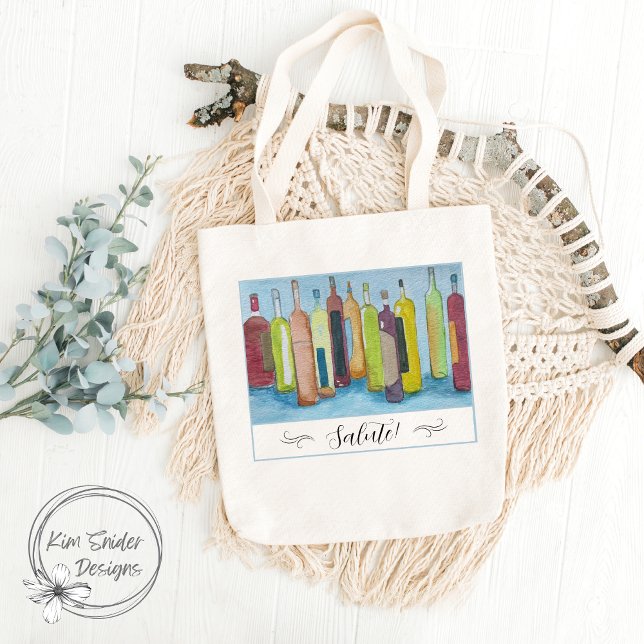 "Salute!" Mit Watercolor Weinflaschen auf blau Tragetasche (Von Creator hochgeladen)
