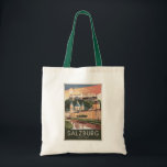 Salzburg Österreich Illustration Travel Art Vintag Tragetasche<br><div class="desc">Salzburger Retrovektor-Reisedesign. Salzburg ist eine österreichische Stadt an der Grenze zu Deutschland mit Blick auf die Ostalpen. Die Stadt wird durch die Salzach geteilt, mit mittelalterlichen und barocken Gebäude der FußgängerAltstadt an ihrem links Ufer, gegenüber der Neustadt aus dem 19. Jahrhundert auf der rechten Seite.</div>