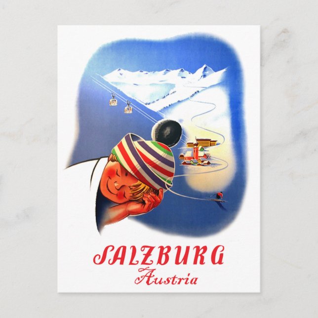 Salzburg, Österreich. Junge träumt vom Skifahren Postkarte (Vorderseite)