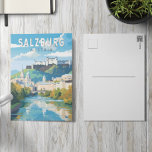 Salzburg Österreich Reisen Kunst Vintag Postkarte<br><div class="desc">Salzburger Retrovektor-Reisedesign. Salzburg ist eine österreichische Stadt an der Grenze zu Deutschland mit Blick auf die Ostalpen. Die Stadt wird durch die Salzach geteilt,  mit mittelalterlichen und barocken Gebäude der FußgängerAltstadt an ihrem links Ufer,  gegenüber der Neustadt aus dem 19. Jahrhundert auf der rechten Seite.</div>