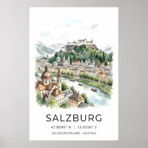 Salzburg-Stadtansicht Druck - Aquarell-Himmel mit Poster