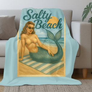 Salziger Strand Retro Pin-Up Meerjungfrau Kunst Lu Fleecedecke