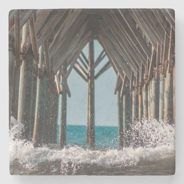 Salzwasser-Espel - Surfstadt, NC-Pier Steinuntersetzer (Vorderseite)