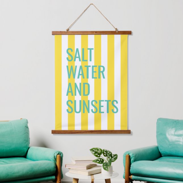 Salzwasser und Sonnenuntergänge Gelber Cabana-Stre Wandteppich Mit Holzrahmen (Wohnzimmer)