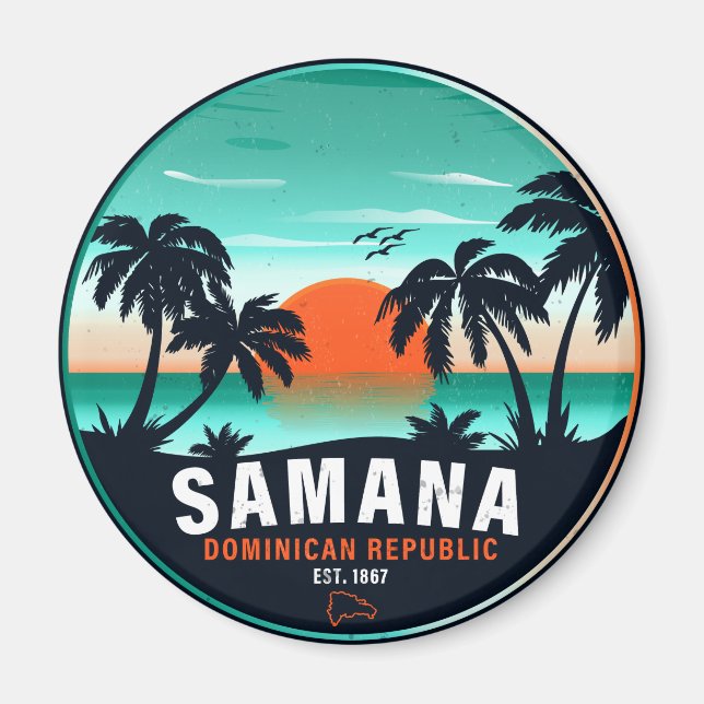 Samaná Beach Dominican Retro Sunset Souvenir 60er Magnet (Vorne)