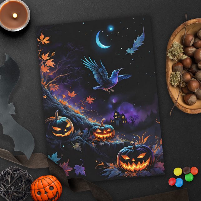 Samhain Crow & Pumpkins Halloween-Nacht Karte (Blessed Samhain Crow & Pumpkins Halloween Night Greeting Card)