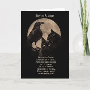 Samhain-Karten mit Rabe und schwarzen Katzen Segen Karte