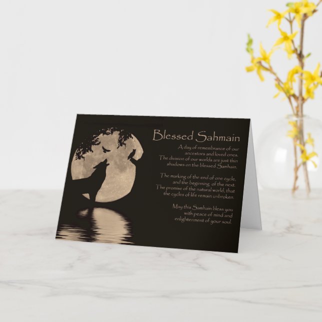 Samhain mit Owl Wolf Raven und Moon Sabbat Karte (Gelbe Blume)