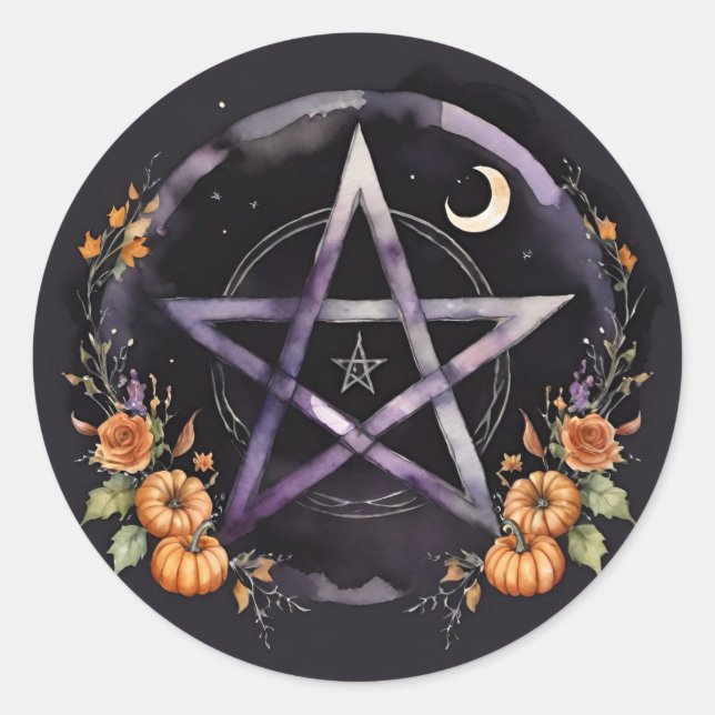 Samhain Pentacle & Fall Pumpkins Witch Runder Aufkleber (Vorderseite)