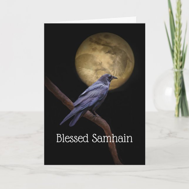 Samhain Raven Crow und Moon Gedicht Karte (Vorderseite)