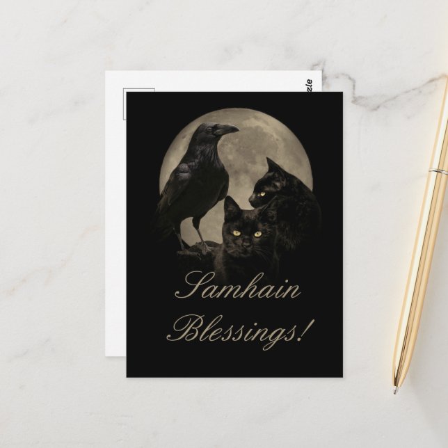 Samhain Raven und Black Cat Pagan Postkarte (Vorderseite/Rückseite Beispiel)