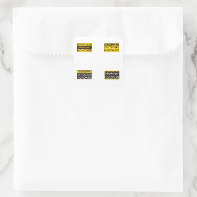 Sammlung von 4 Warnzeichen für Dihydrogenmonoxid Quadratischer Aufkleber (Tasche)