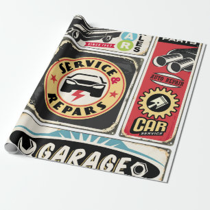 Sammlung von Retro-Schildern für Autodienst und -r Geschenkpapier