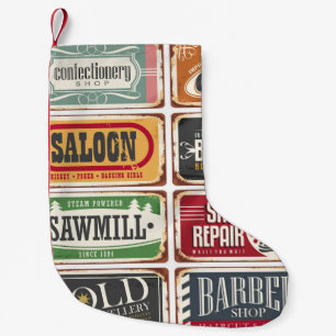 Sammlung von Vintage-Shop-Postern. Retro-Laden-Zin Kleiner Weihnachtsstrumpf