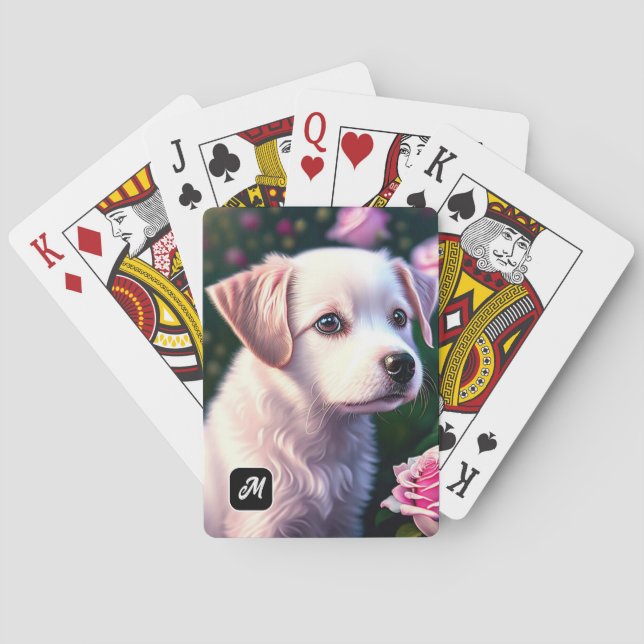 Sammlung von weißen Hunden und Rose Spielkarten (Rückseite)