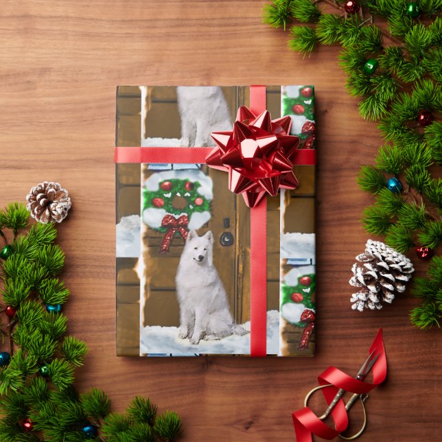 Samoed auf Porch Weihnachten Geschenkpapier (Feiertagsgeschenk)