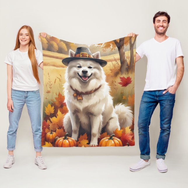 Samoed in Herbst Blätter Erntedank Kunst Fleecedecke (Beispiel)