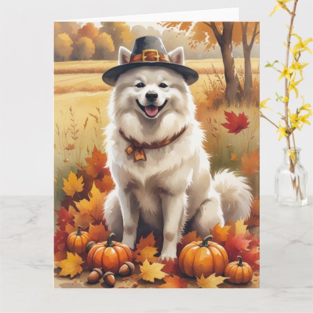 Samoed in Herbst Blätter Erntedank Kunst Karte (Gelbe Blume)