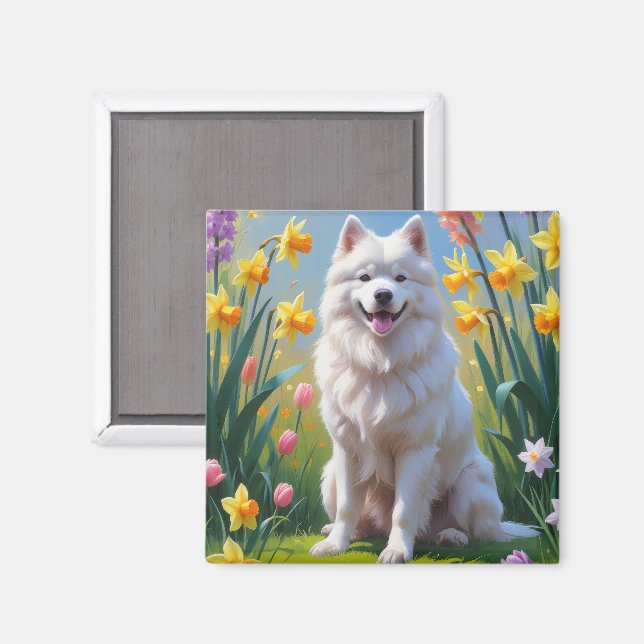 Samojede-Frühlingsblumenmalerei  Magnet (Vorderseite/Rückseite)