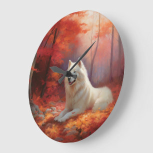 Samojede im Herbst inspiriert fallende Blätter Große Wanduhr