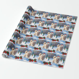 Samojede läuft im Schnee mit Weihnachtsmütze Geschenkpapier