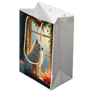 Samojede unter dem Mistelzweig Weihnachtsbild Mittlere Geschenktüte