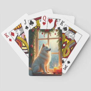 Samojede unter dem Mistelzweig Weihnachtsbild Spielkarten