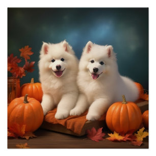 Samojede Welpe Herbstfreude Kürbis Poster