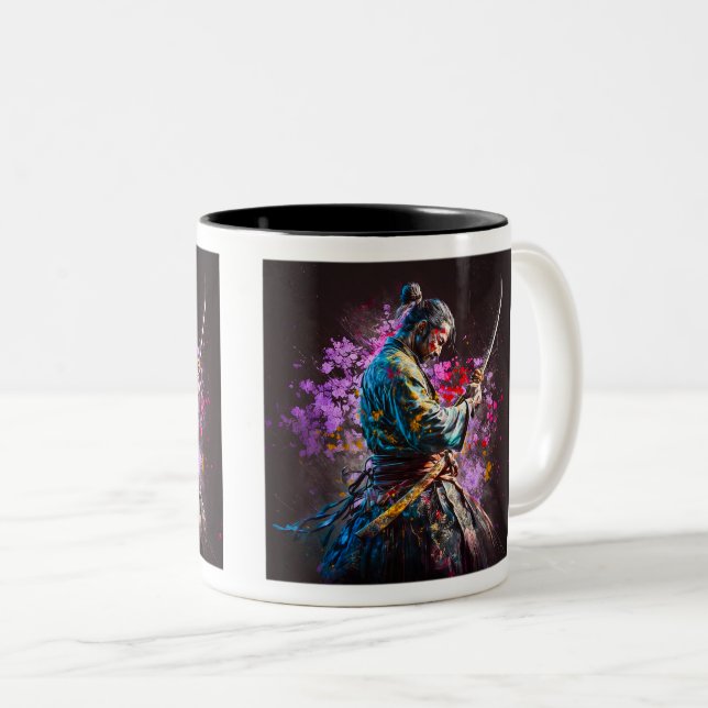 Samouraï Peinture Mug à deux tons, 11 oz (Devant droit)