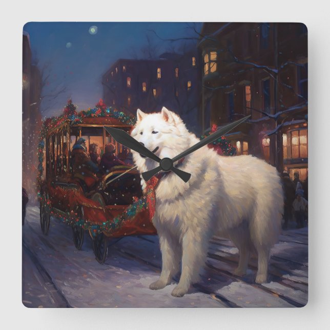 Samoyed Christmas Festivals Jahreszeit Quadratische Wanduhr (Vorderseite)