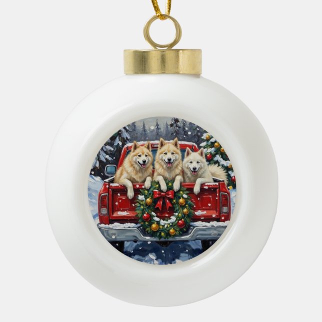 Samoyed Christmas Red Truck Holiday Keramik Kugel-Ornament (Vorderseite)