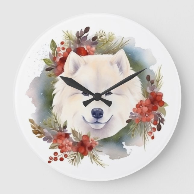 Samoyed Christmas Wreath Festivals Große Wanduhr (Vorderseite)