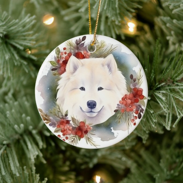 Samoyed Christmas Wreath Festivals Keramik Ornament (Baum)