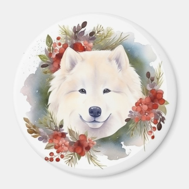 Samoyed Christmas Wreath Festivals Magnet (Vorne)