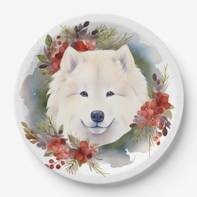 Samoyed Christmas Wreath Festivals Pappteller (Vorderseite)