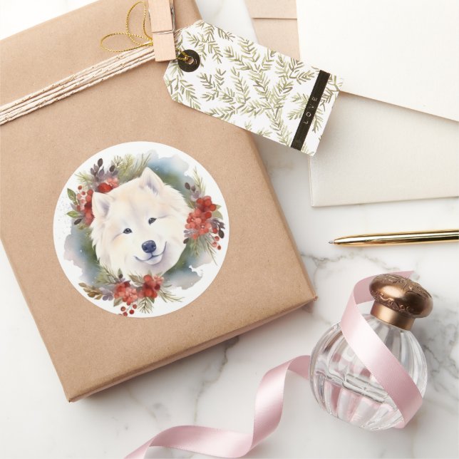 Samoyed Christmas Wreath Festivals Runder Aufkleber (Schenken)