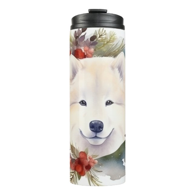 Samoyed Christmas Wreath Festivals Thermosbecher (Vorderseite)
