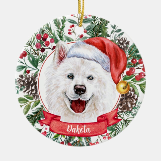 Samoyed Custom Weihnachtsmannmütze Hund Weihnachts Keramik Ornament (Vorne)