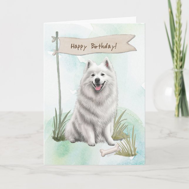 Samoyed Dog Breed Outdoor under Birthday Sign Karte (Vorderseite)